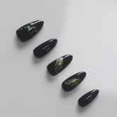 Green Cat Eye Handmade Gel Press on Nails Medium Almond Black Cat with Glitter Design